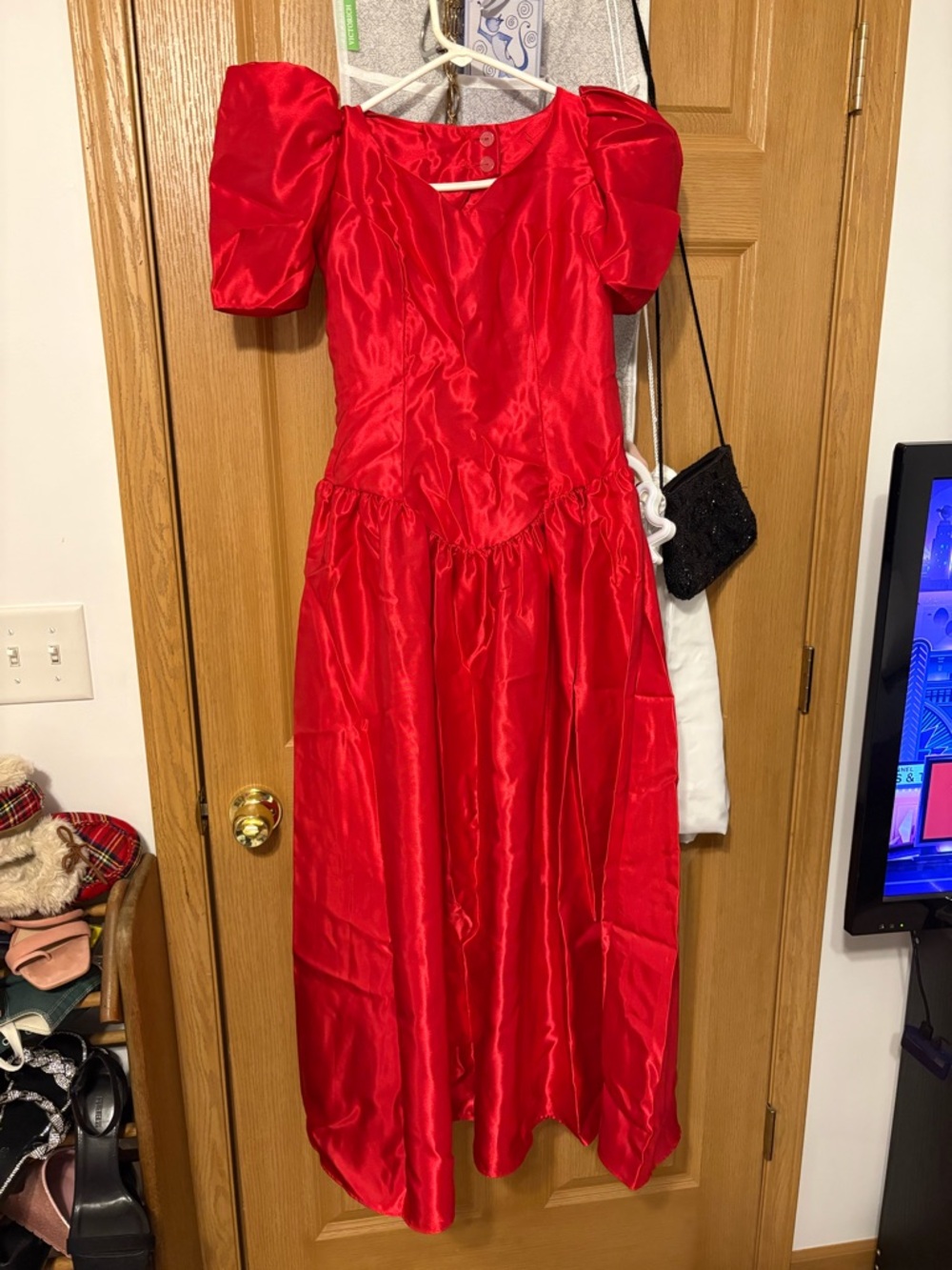 Alfred Angelo Red Satin Maxi Dress with Puff Sleeves